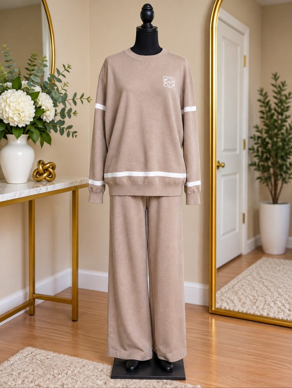 Women's Wide-Leg Lounge Set in Beige with White Trim - Casual Comfort